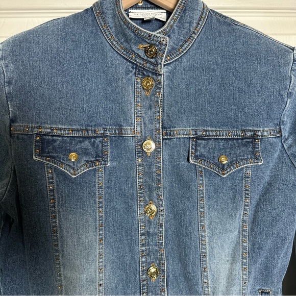 Vintage St John Sport Small Denim Rhinestones Bead Gold Monogram Buttons Jacket - Picture 4 of 16